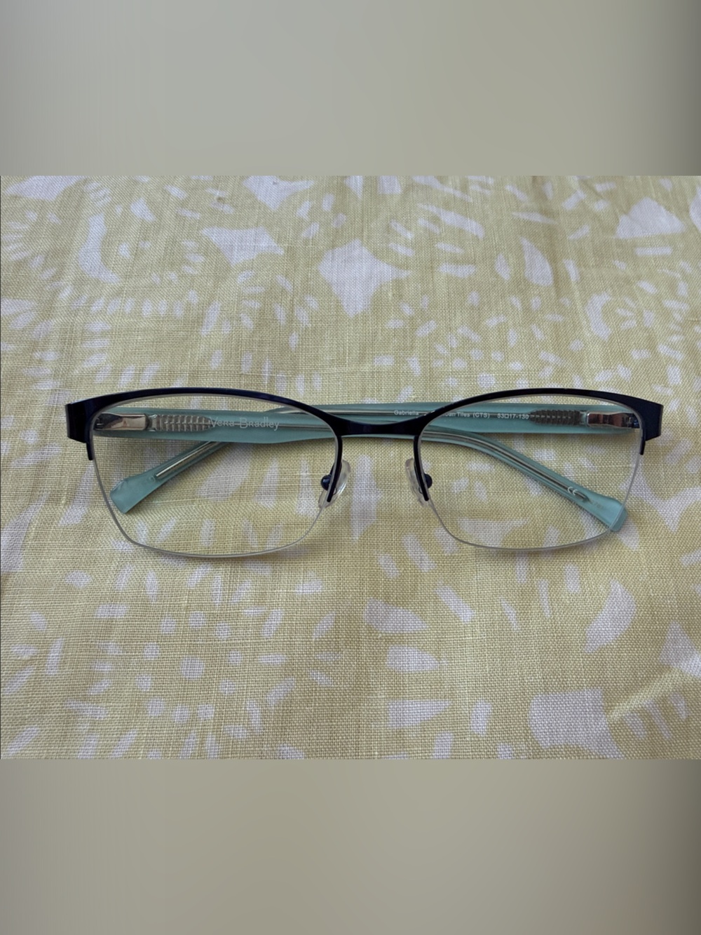 Gabriella Semi-Rimless Glasses in Navy & Mint (Cuban tiles design)